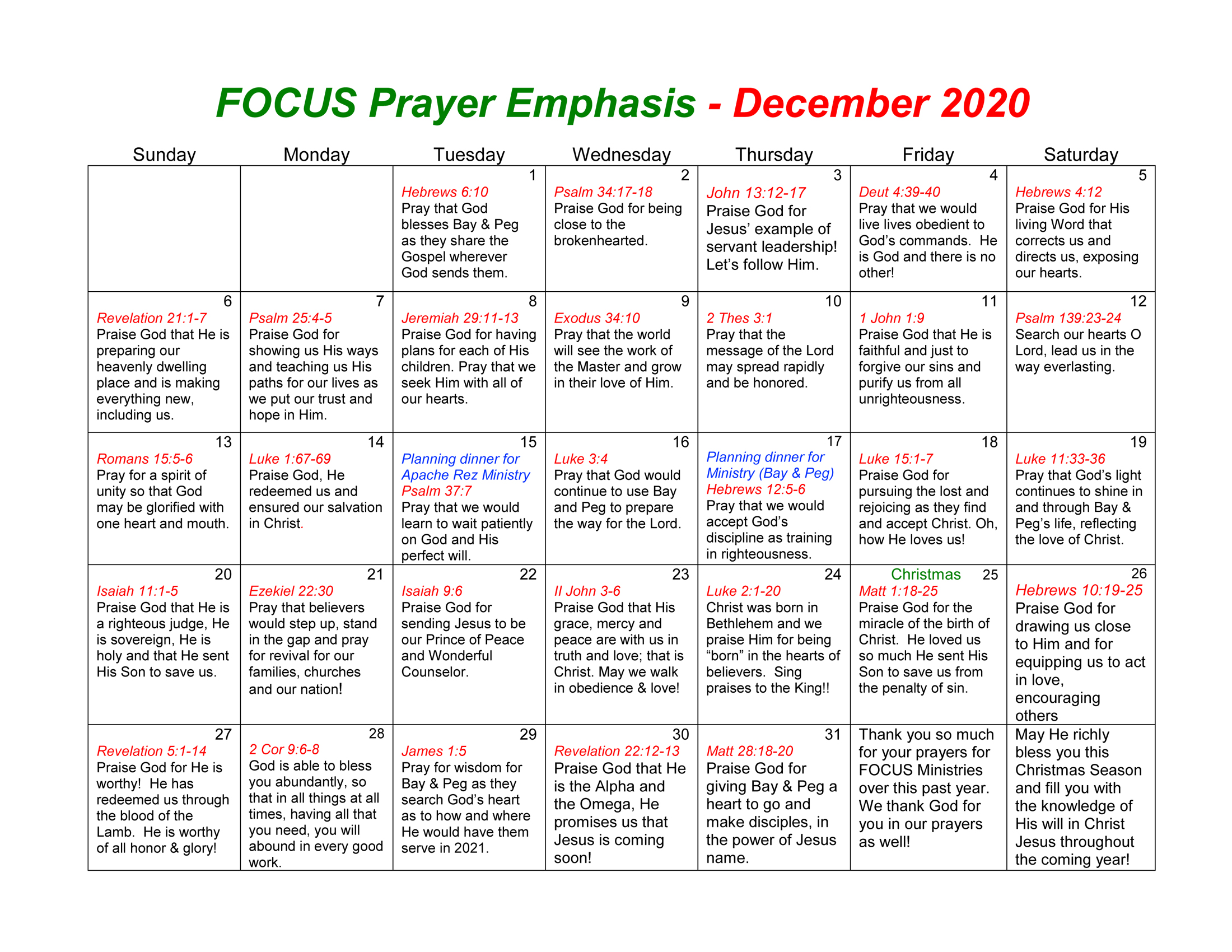 Focus Prayer Calendar Dec 2020 Focus Ministries