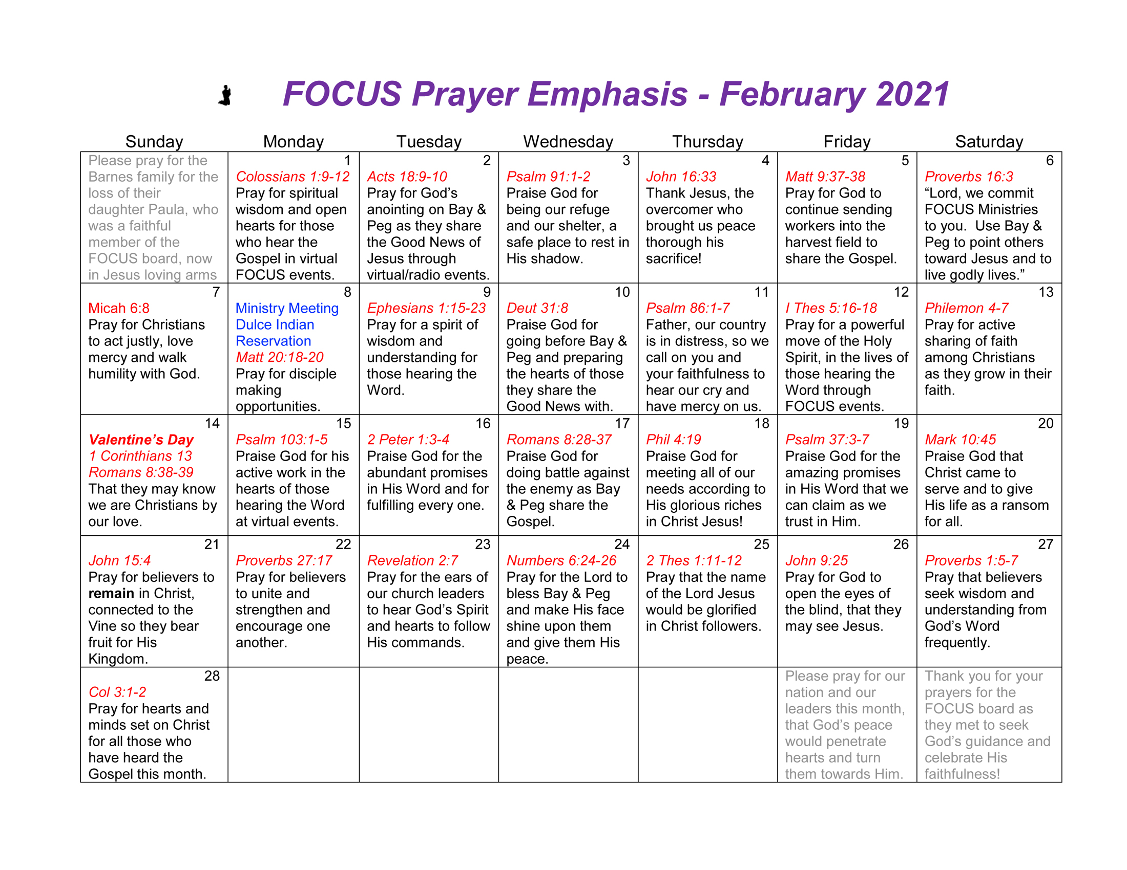 Focus Prayer Calendar Feb 2021 Focus Ministries